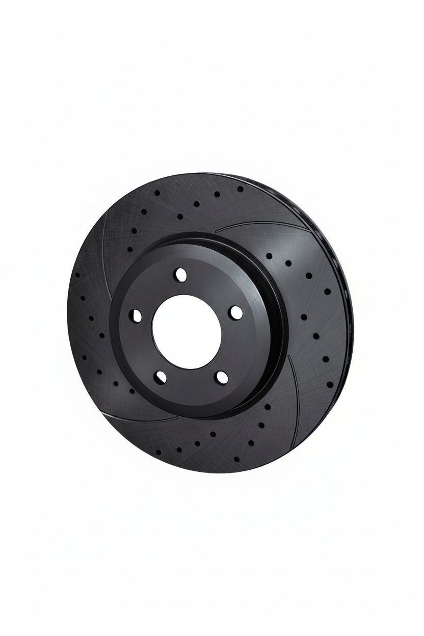 Discos Dianteiros Rotinger Graphite Line T5 Sport Perfurados e Ranhurados, Pretos, 262 mm 4X100, para Honda Civic, CRX e Del Sol.