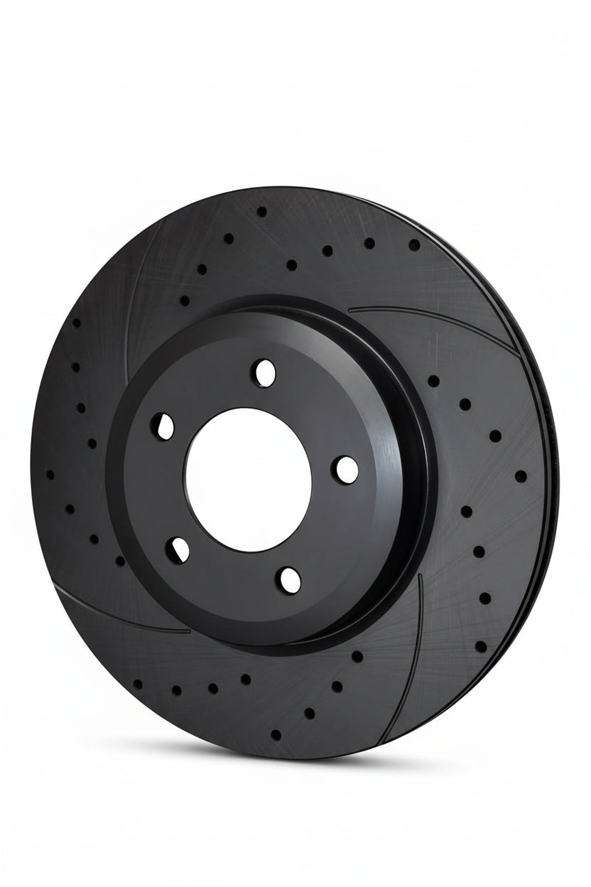 Discos Dianteiros Rotinger Graphite Line T5 Sport Perfurados e Ranhurados, Pretos, 282 mm 4X100, para Honda Civic, CRX e Del Sol.