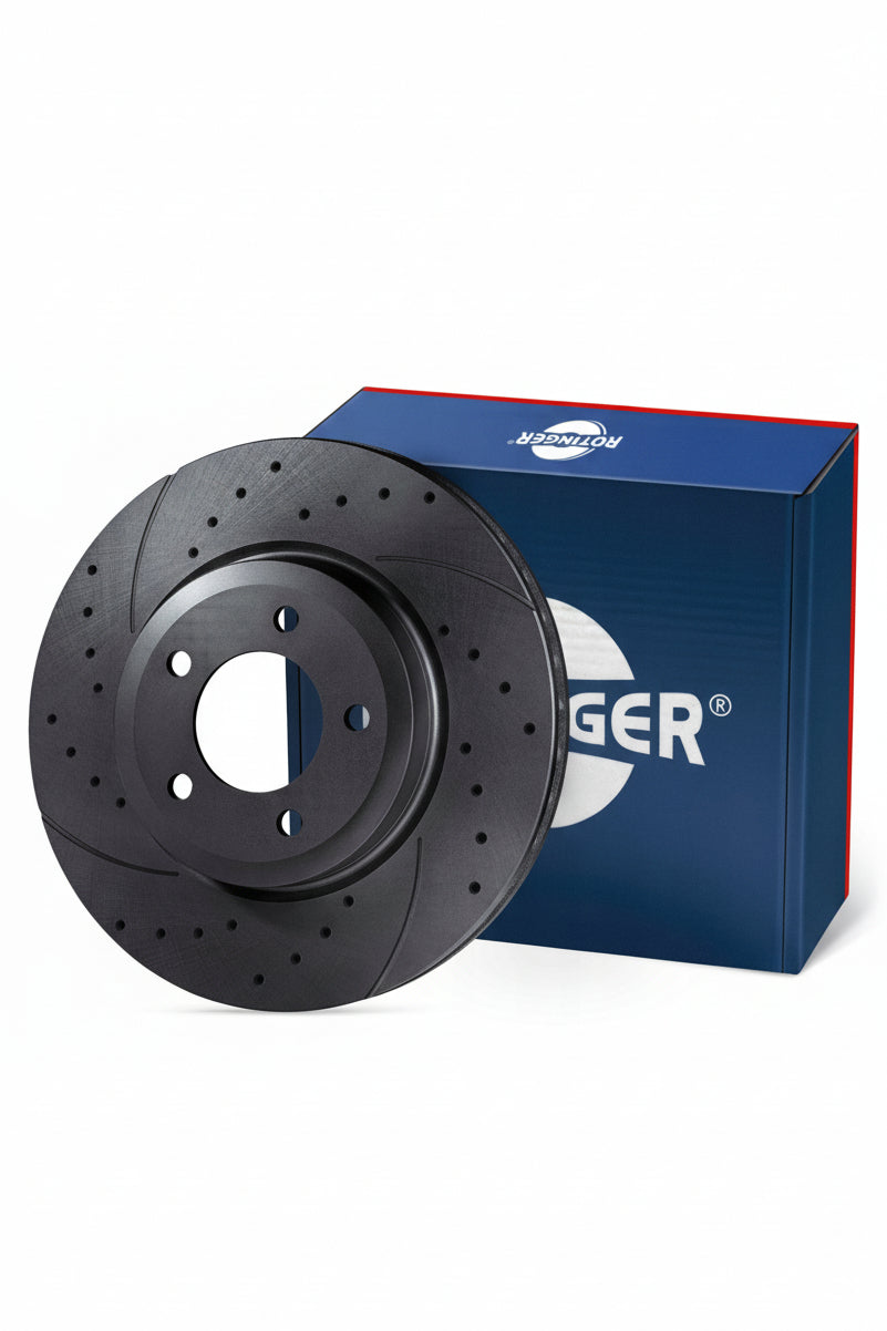 Discos Dianteiros Rotinger Graphite Line T5 Sport Perfurados e Ranhurados, Pretos, 282 mm 4X100, para Honda Civic, CRX e Del Sol.
