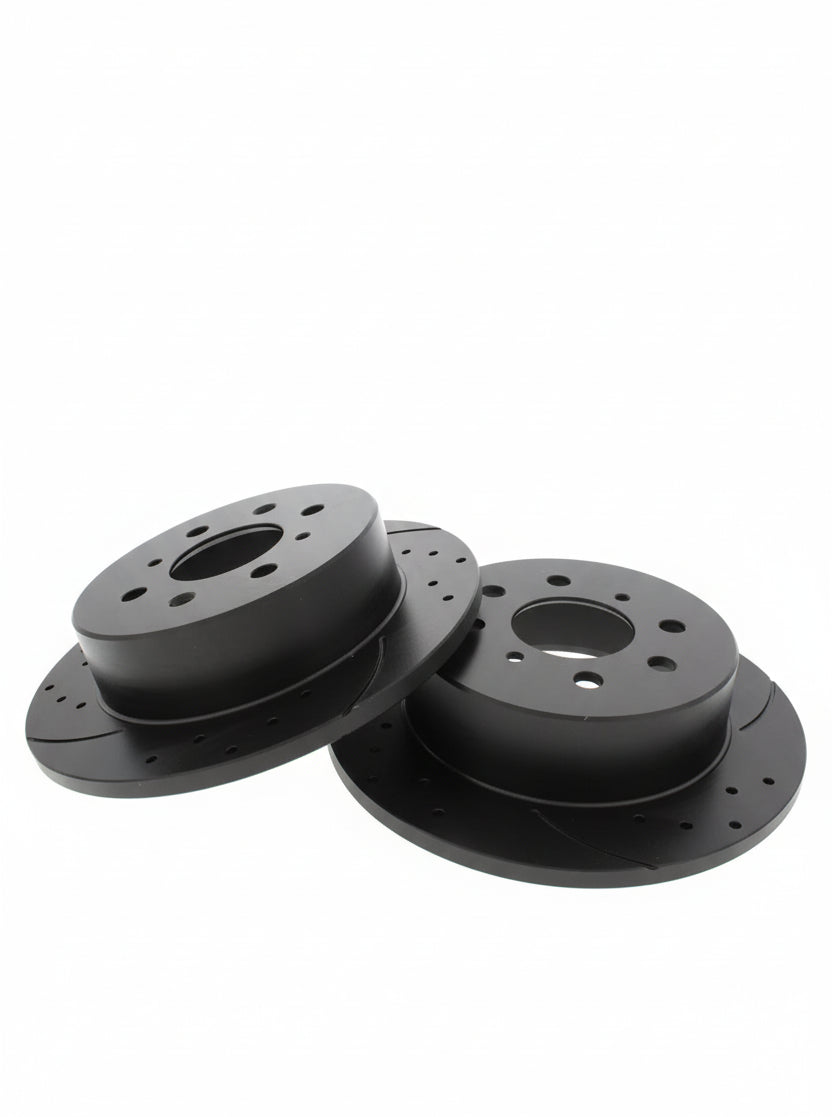Discos Traseiros Rotinger Graphite Line T5 Sport Perfurados e Ranhurados, Pretos, 239 mm 4X100, para Honda Civic e CRX.