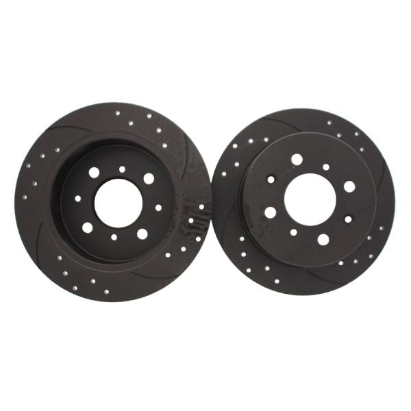 Discos Traseiros Rotinger Graphite Line T5 Sport Perfurados e Ranhurados, Pretos, 239 mm 4X100, para Honda Civic e CRX.