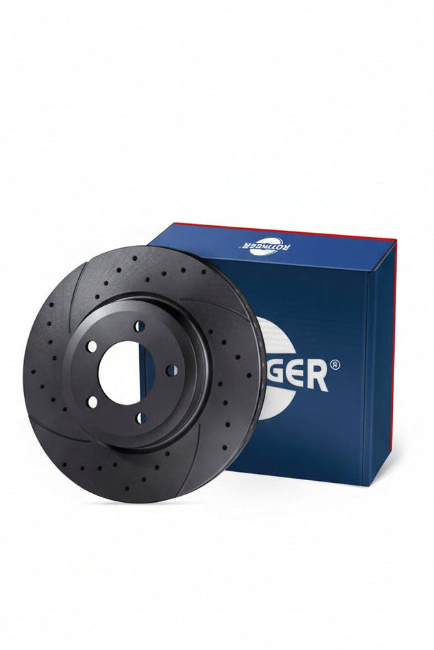 Discos Dianteiros Rotinger Graphite Line T5 Sport Perfurados e Ranhurados, Pretos, 262 mm 4X100, para Honda Civic, CRX e Del Sol.